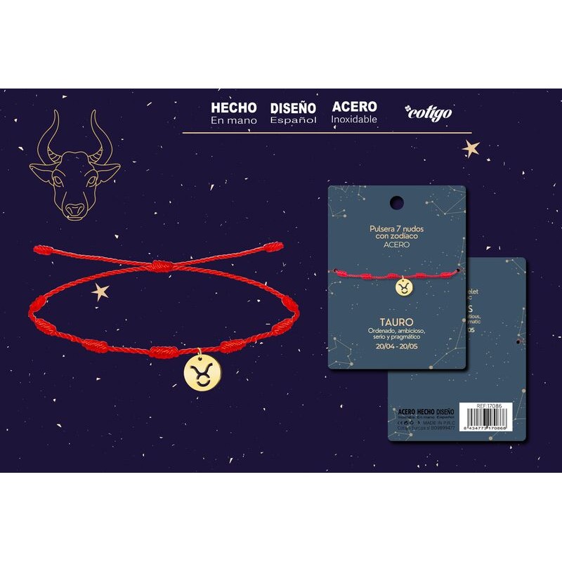 Pulsera 7 Nudos Colgante Tauro Dorado - Coleccion Constelaciones Zodiaco